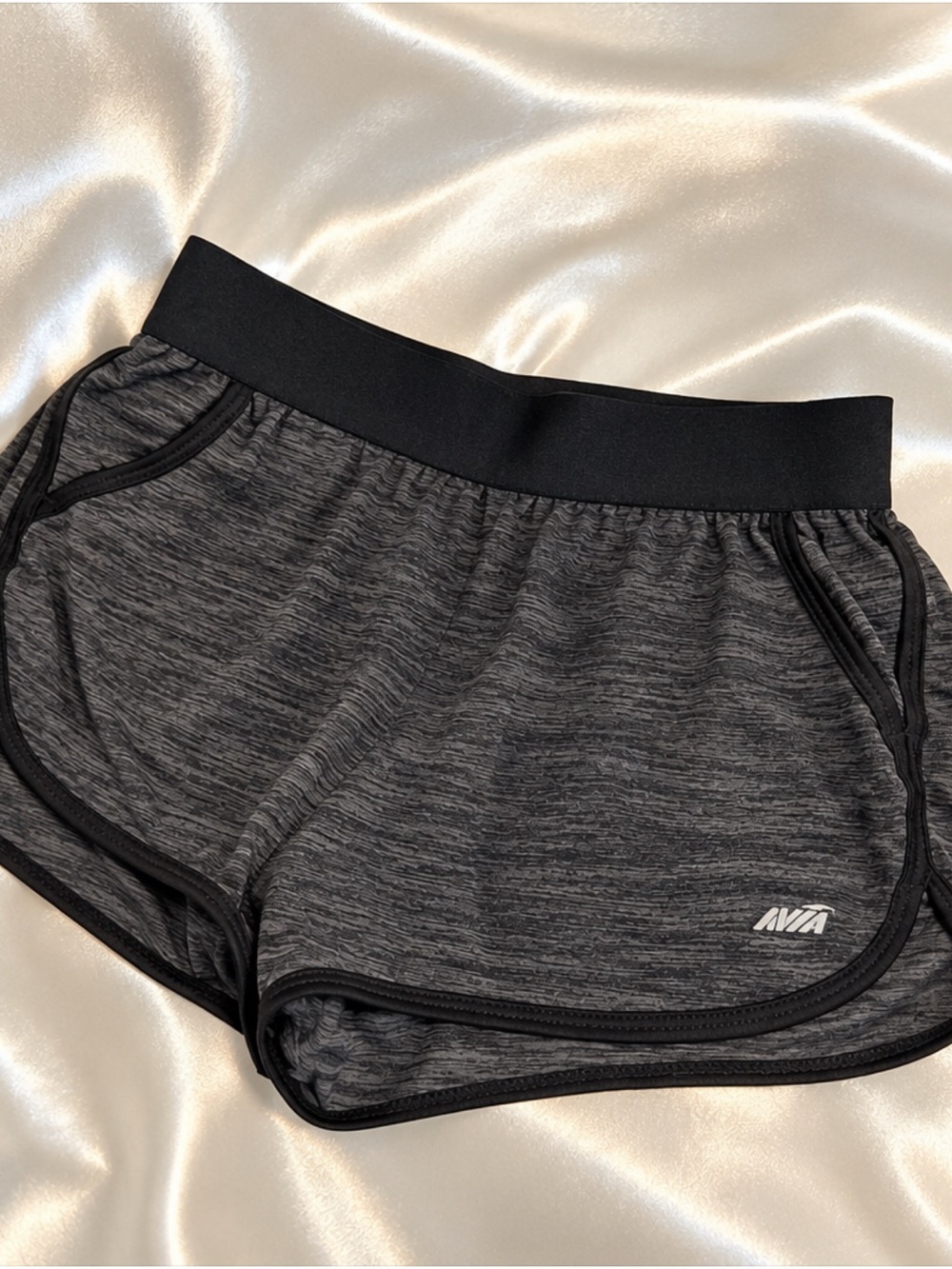 AVIA Women’s Gray Heather Athletic Running Shorts – Black Trim